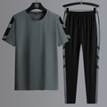 Men's athletic set with grey short-sleeve t-shirt and black pants with side stripes - M / Gray - T-Shirt And Straight Pants Set