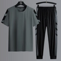 Men's quick-dry sports set with grey short sleeve t-shirt and black joggers combo - M / Gray - T-Shirt And Cuffed Pants Set