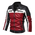 Veste de moto en cuir pour homme tricolore avec doublure polaire et détails matelassés - L / Rouge