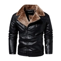 Veste de moto en similicuir noir pour homme avec col en fourrure marron et épaules matelassées - L / Noir