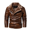 Men's brown PU leather motorcycle jacket with faux fur collar and quilted shoulder details - L / Coffee