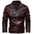 Men's dark burgundy motorcycle PU leather jacket with stand collar and retro badges - L / Wine Red