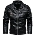 Men's black PU leather motorcycle jacket with stand collar and embroidered patches - L / Black