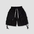 Men's black Japanese retro cargo shorts with functional multi-pockets and elastic drawstring - M / Black