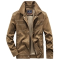 Retro brown faux suede jacket for men with contrast stitching and metallic buttons - M / Khaki