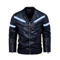 Veste de moto homme en cuir PU bleu marine avec bandes réfléchissantes bleu clair - L / Bleu foncé