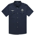 Camicia uomo blu navy a maniche corte in cotone con toppe militari e tasche a filetto - M / Blu Reale