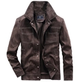 Brown faux suede jacket for men with contrast white stitching and snap buttons - M / Dark Brown