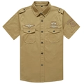 Camicia da uomo kaki a maniche corte in cotone con toppe militari e tasche sul petto - M / Cachi