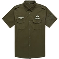Camicia in cotone verde oliva stile militare con toppe ricamate e spalline applicate - M / Verde Militare
