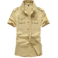 Men's khaki short sleeve military shirt with embroidered patches and dual chest pockets - M / Khaki