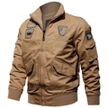 Men's khaki bomber jacket featuring military patches and windproof stand collar - M / Khaki