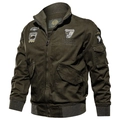 Olive green military bomber jacket featuring embroidered patches and ribbed cuffs - M / Green