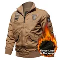 Men's khaki military jacket with thick fleece lining and embroidered aviation badges - M / Khaki