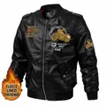 Fleece-lined black faux leather biker jacket with motorcycle embroidery for men - M / Black (Fleece Lined)