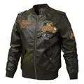 Men's dark brown PU motorcycle jacket with warm fleece lining and biker embroidery - M / Army Green (Fleece Lined)