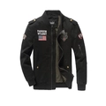 Black military flight jacket with embroidered patches and green lining on white background - Black