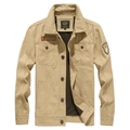 Front view of a khaki men's cotton canvas jacket with vintage nautical embroidery patches - M / Khaki