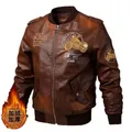 Men's brown vintage bomber leather jacket with warm fleece lining and bike embroidery - M / Coffee (Fleece Lined)