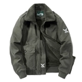 Olive green fleece jacket with shearling collar and military patches in flat lay view - M / Green