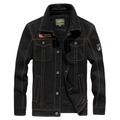 Classic black cotton workwear jacket for men featuring flap pockets and fashion patches - M / Black