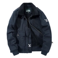 Men's dark blue winter bomber jacket with black faux shearling collar and ribbed trims - M / Dark Blue