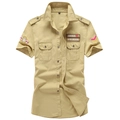 Camisa militar de hombre caqui de manga corta en algodón con bolsillos y parches - M / Caqui