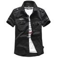 Camicia militare nera da uomo in cotone con spalline e ricamo a tema elicottero - M / Nero