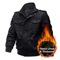 Men's black fleece lined heavy tactical jacket with multi-pockets and stand collar - M / Black