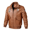 Chaqueta bomber de hombre en cuero PU marrón con bordados militares y puños acanalados - M / Amarillo Tierra