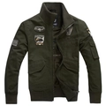 Army green military bomber jacket featuring aviation embroidery patches and ribbed cuffs - M / Green