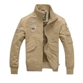 Tactical beige military bomber jacket with embroidered badges and ribbed cuffs - M / Khaki