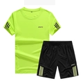 Men's neon green quick-dry sports set with t-shirt and shorts featuring striped details - M / Green