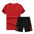 Men's two-piece red sports T-shirt and black shorts set with breathable quick-dry fabric - M / Red