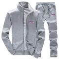 Men's grey cotton track suit featuring zip-up stand collar jacket and jogger pants - M / Gray