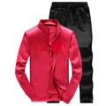 Men's autumn fleece-lined sports tracksuit featuring red zip jacket and black pants - Red Jacket + Black Pants