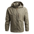 Men's olive green outdoor windbreaker jacket with hood and mountain embroidery detail - M / Khaki