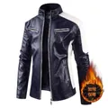 Men's retro motorcycle leather jacket in navy blue and white with fleece lining - M / Blue Fleece Lined