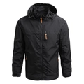 Men's black lightweight outdoor hooded jacket with orange zipper pulls and pockets - M / Black