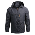 Men's black hooded outdoor windbreaker jacket with functional pockets and mountain embroidery - M / Gray
