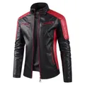 Men's retro black and red patchwork faux leather jacket with warm fleece lining - M / Red Fleece