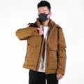 Men's khaki hooded winter parka with multi-pocket utility design and thick lining - L / Turmeric