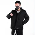 Men's slim fit black parka with multi-pockets, windproof high collar and detachable hood - L / Black