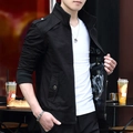Men's slim fit black cotton jacket with stand collar and decorative epaulettes - M / Black (Unlined)