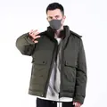 Men's slim fit dark olive green padded work jacket with hooded stand collar and large pockets - L / Army Green