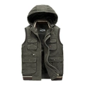 Army green hooded fleece vest for men featuring utility pockets and ribbed striped hem - M / Army Green