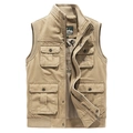 Chaleco multibolsillos caqui para hombre con cuello alto y algodón de alta densidad - M / Caqui