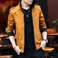 Slim fit mustard yellow men's casual jacket with ribbed cuffs and shoulder epaulettes - M / Earthy Yellow (Unlined)