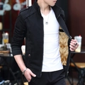 Men's black cotton jacket with warm sherpa lining and stylish military stand collar design - M / Black (Fleece Lined)