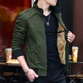 Slim fit army green men's cotton jacket with fleece lining and ribbed cuffs - M / Army Green (Fleece Lined)